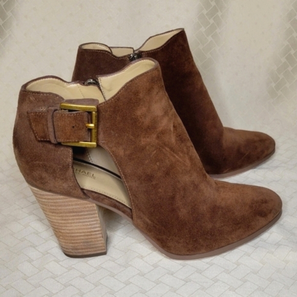Michael Kors cognac suede leather boots heel with zipper and gold buckle size 10 - Picture 7 of 16